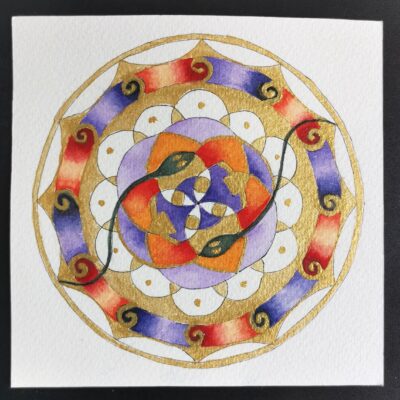 Mandala dell'evoluzione. Il disegno geometrico presenta due serpenti, simbolo della Kundalini